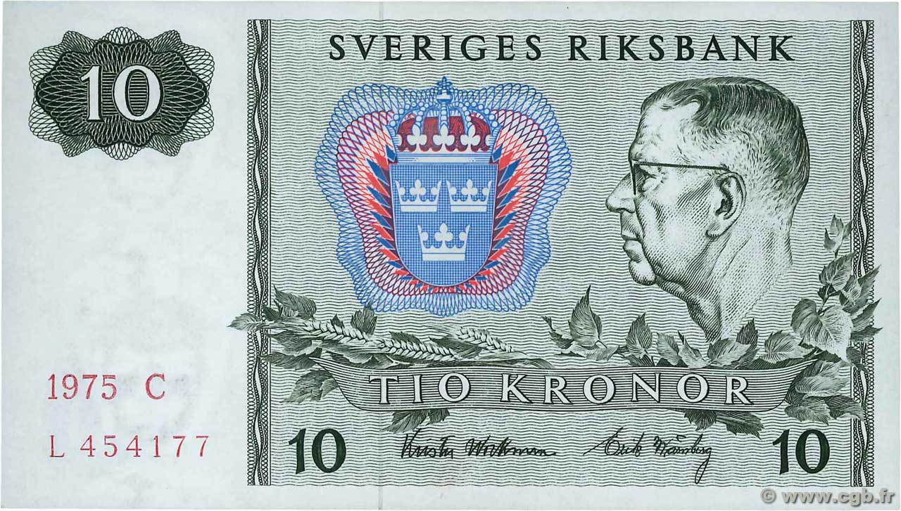 10 Kronor SWEDEN  1975 P.52c UNC