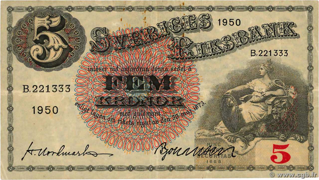 5 Kronor SUÈDE  1950 P.33ag VF