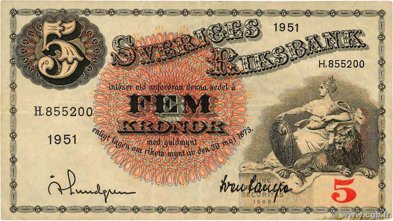5 Kronor SUÈDE  1951 P.33ah BB