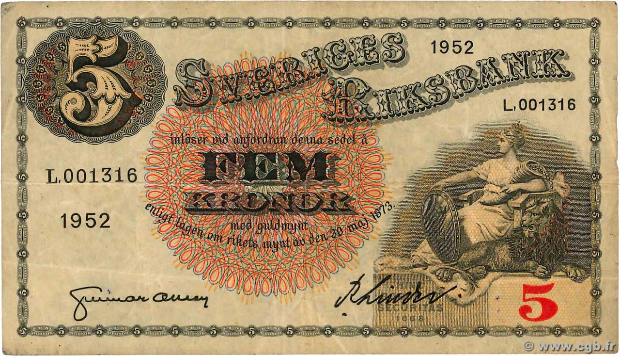5 Kronor SUÈDE  1952 P.33ai F+