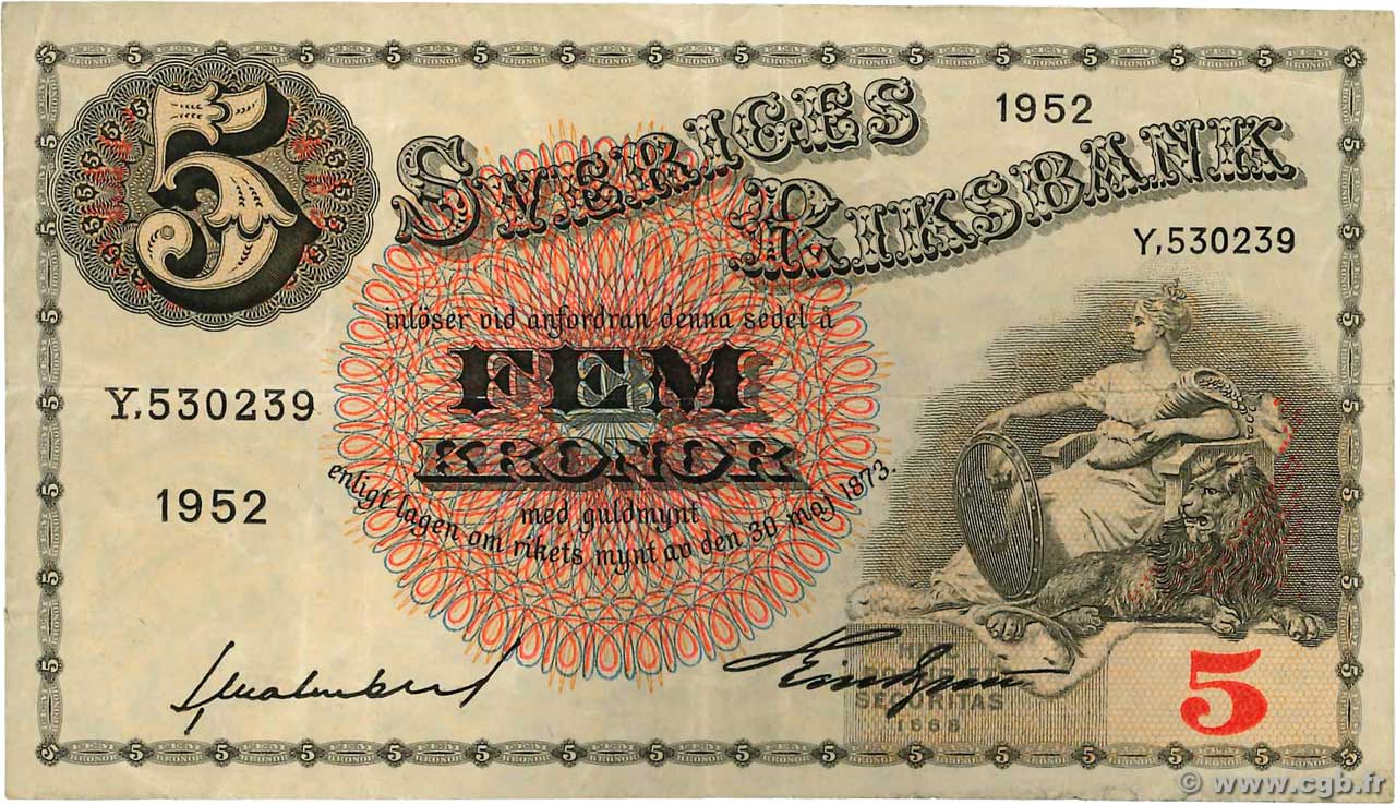 5 Kronor SWEDEN  1952 P.33ai VF