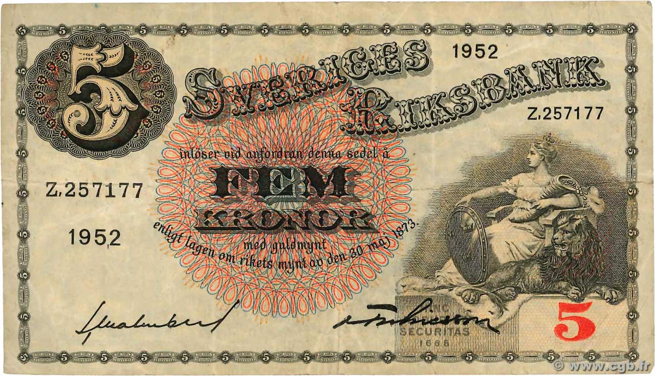 5 Kronor SUÈDE  1952 P.33ai F+