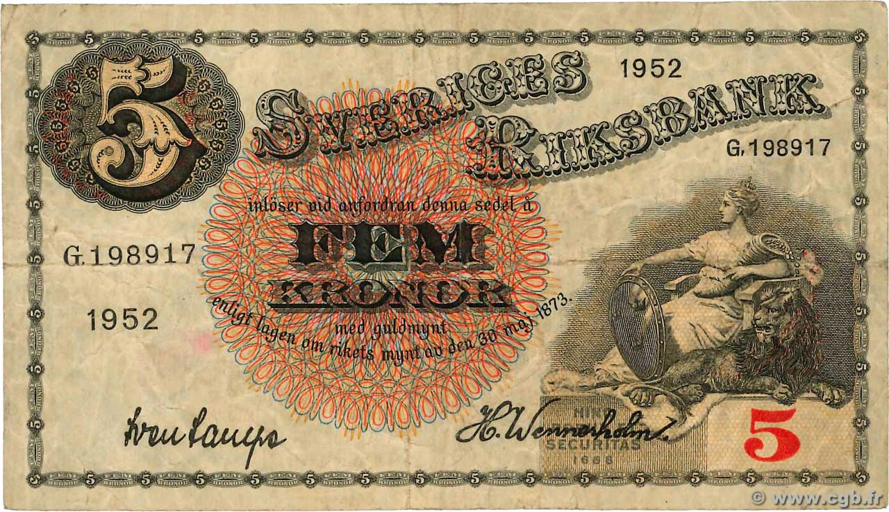 5 Kronor SUÈDE  1952 P.33ai MB
