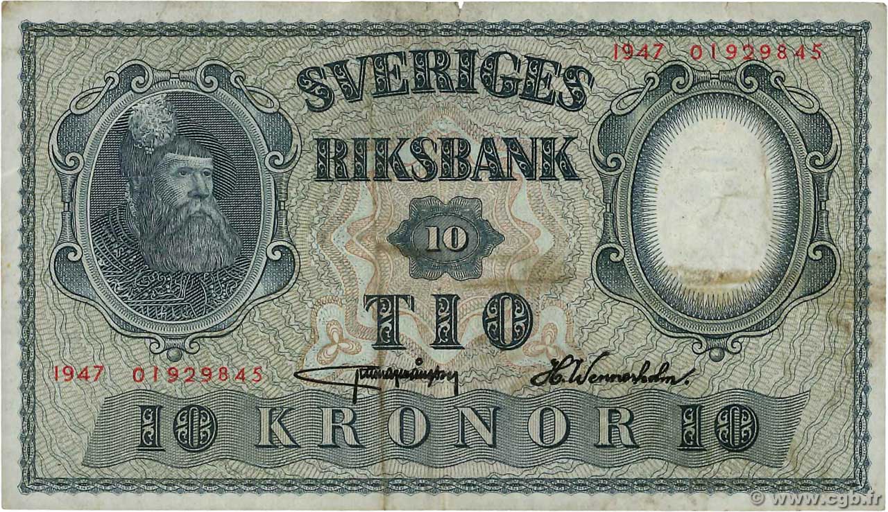 10 Kronor SUÈDE  1947 P.40h TB