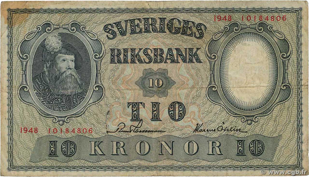 10 Kronor SUÈDE  1948 P.40i F-