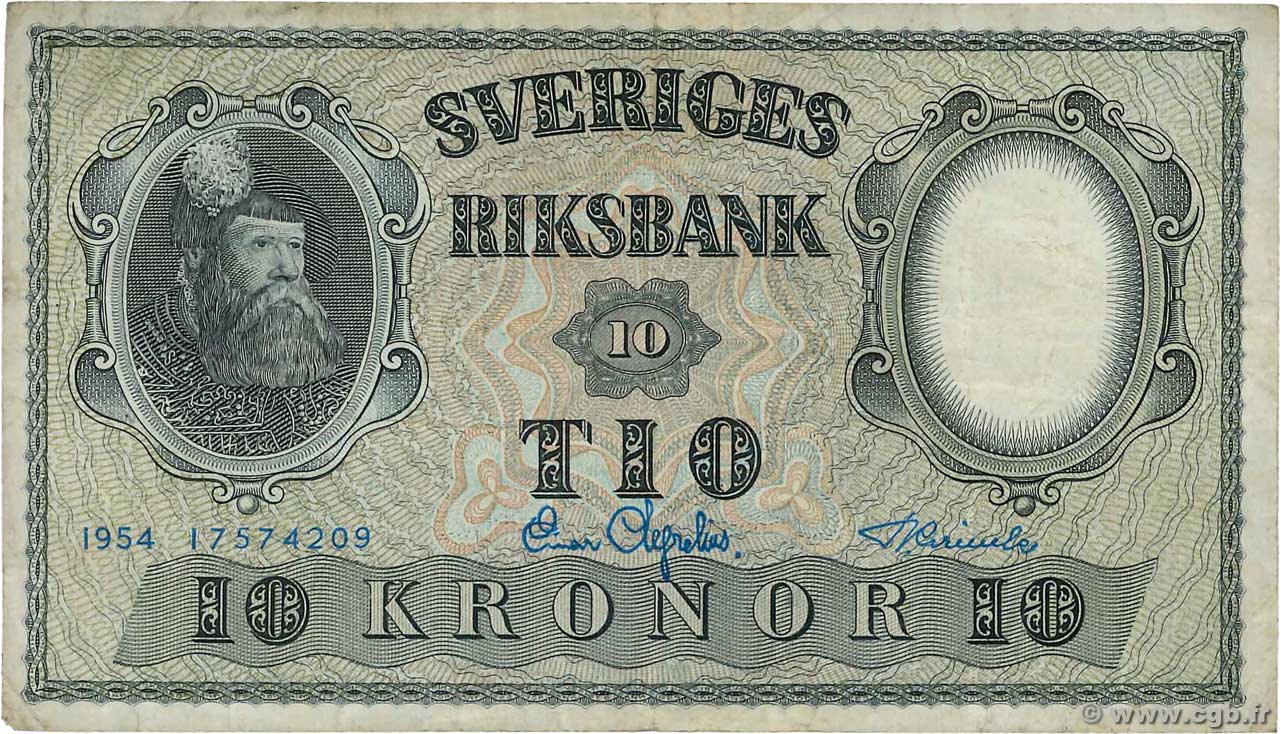 10 Kronor SWEDEN  1954 P.43b F