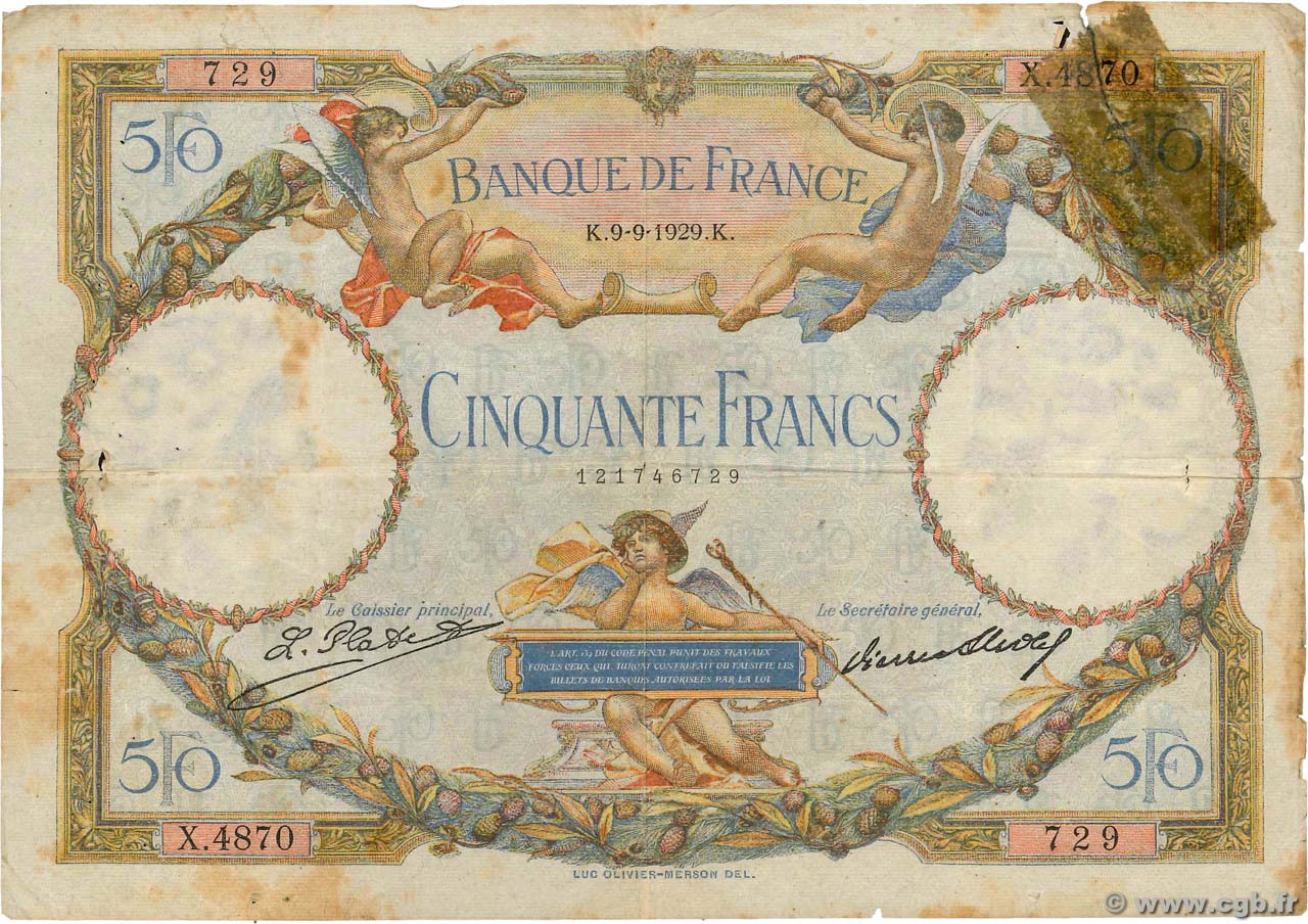 50 Francs LUC OLIVIER MERSON FRANCIA  1929 F.15.03 MC