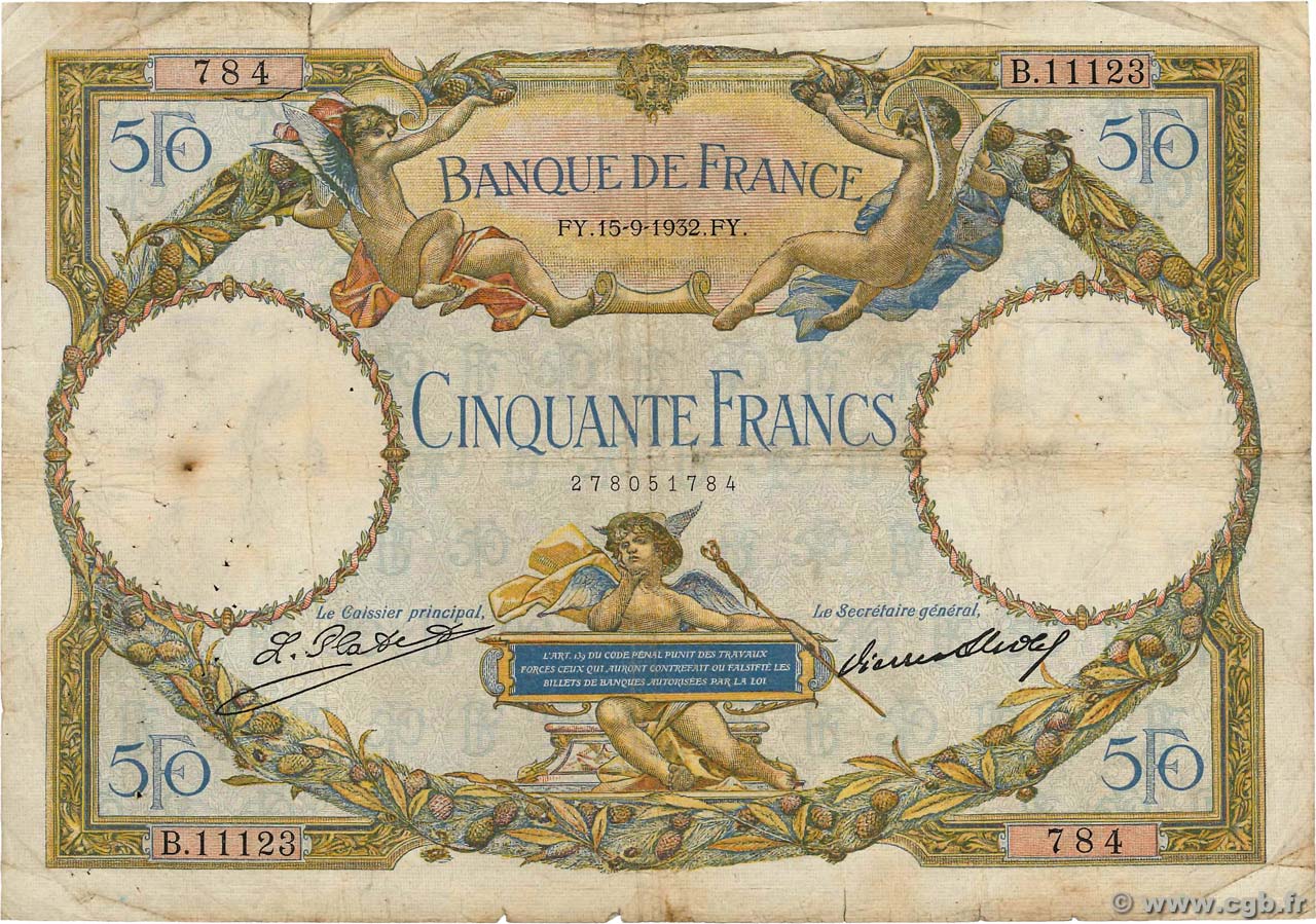 50 Francs LUC OLIVIER MERSON type modifié FRANCIA  1932 F.16.03 B