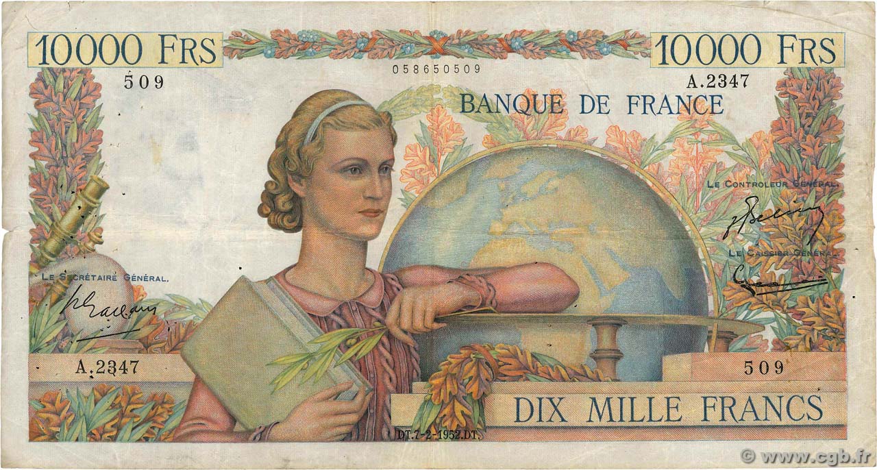 10000 Francs GÉNIE FRANÇAIS FRANCE  1952 F.50.56 F