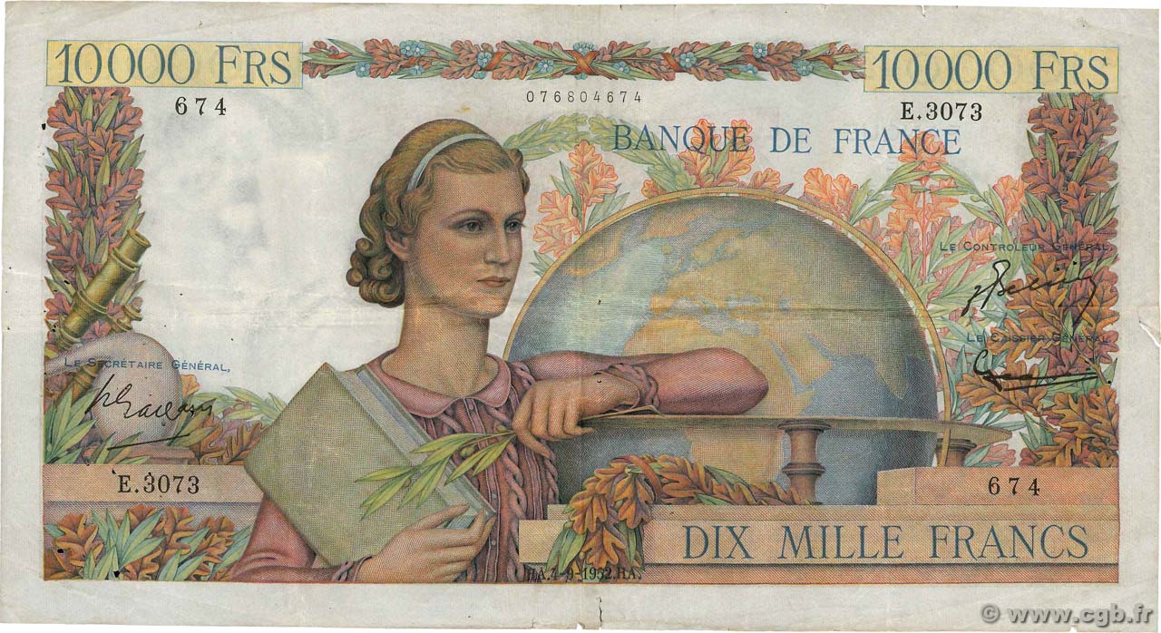 10000 Francs GÉNIE FRANÇAIS FRANCIA  1952 F.50.60 q.BB