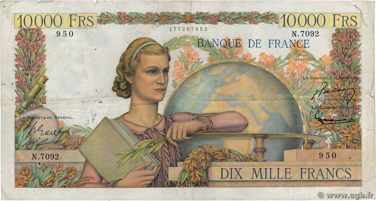 10000 Francs GÉNIE FRANÇAIS FRANCE  1954 F.50.71 F+