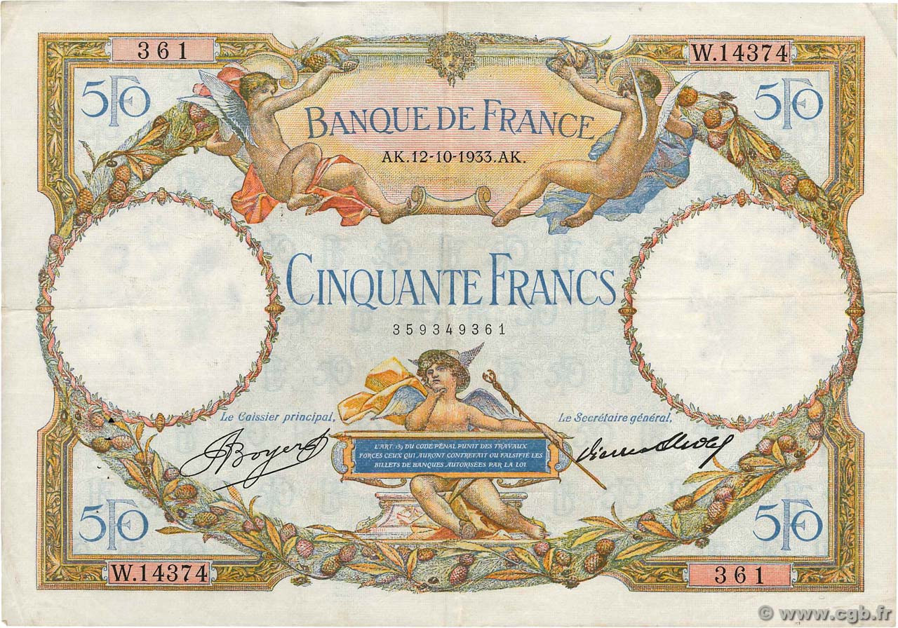 50 Francs LUC OLIVIER MERSON type modifié FRANCIA  1932 F.16.03 MBC