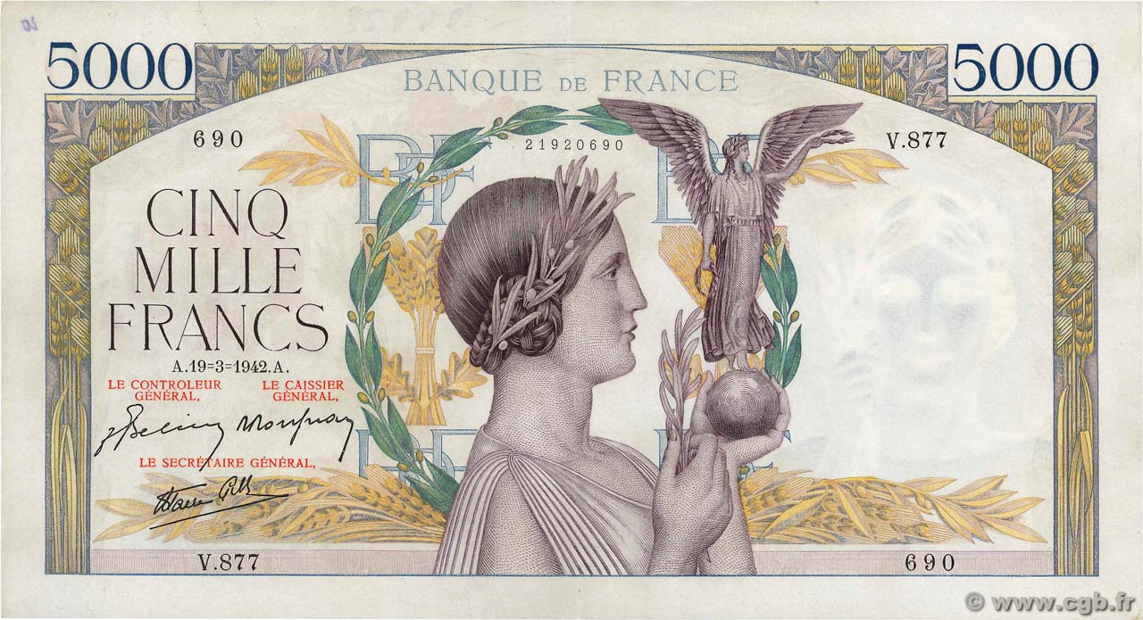5000 Francs VICTOIRE Impression à plat FRANCE  1942 F.46.35 XF-