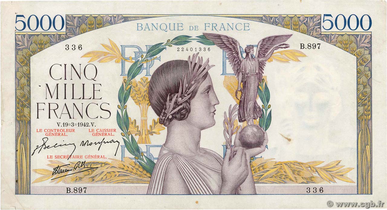 5000 Francs VICTOIRE Impression à plat FRANCE  1942 F.46.35 TTB