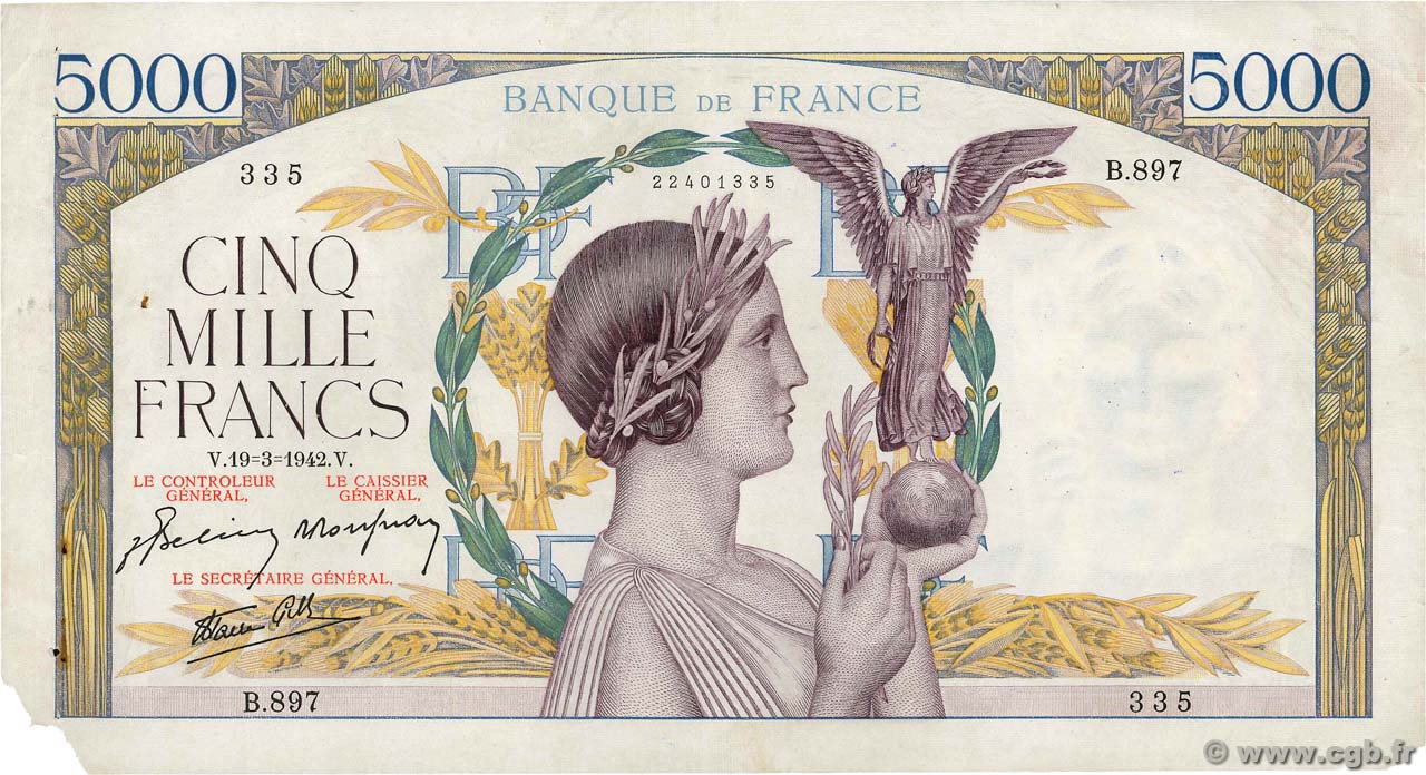 5000 Francs VICTOIRE Impression à plat FRANCE  1942 F.46.35 pr.TTB
