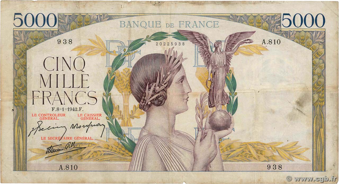 5000 Francs VICTOIRE Impression à plat FRANCE  1942 F.46.32 TB