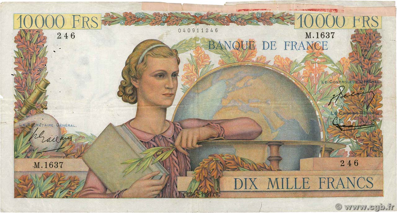 10000 Francs GÉNIE FRANÇAIS FRANCE  1951 F.50.52 F
