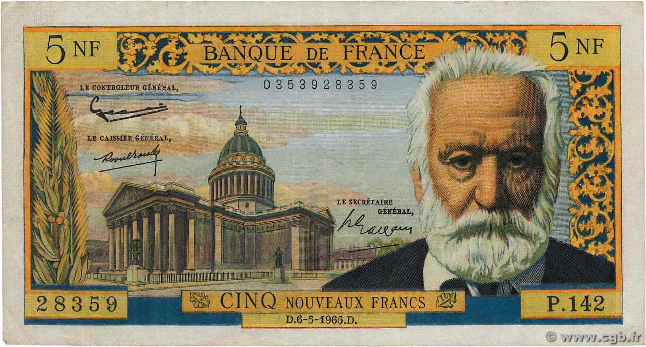 5 Nouveaux Francs VICTOR HUGO FRANCE  1965 F.56.18 pr.TTB