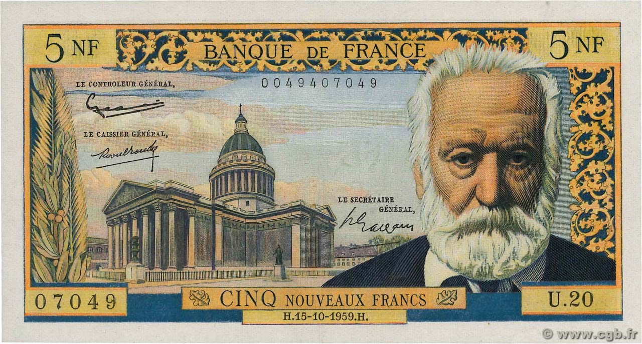 5 Nouveaux Francs VICTOR HUGO FRANCE  1959 F.56.03 AU