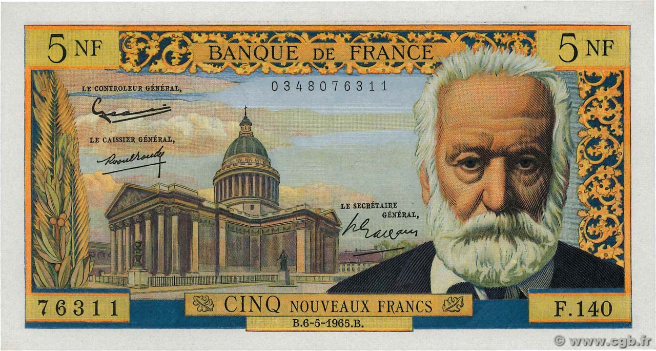 5 Nouveaux Francs VICTOR HUGO FRANCIA  1965 F.56.18 EBC+