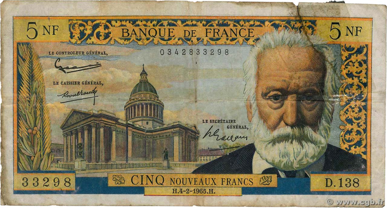 5 Nouveaux Francs VICTOR HUGO FRANCE  1965 F.56.17 pr.B