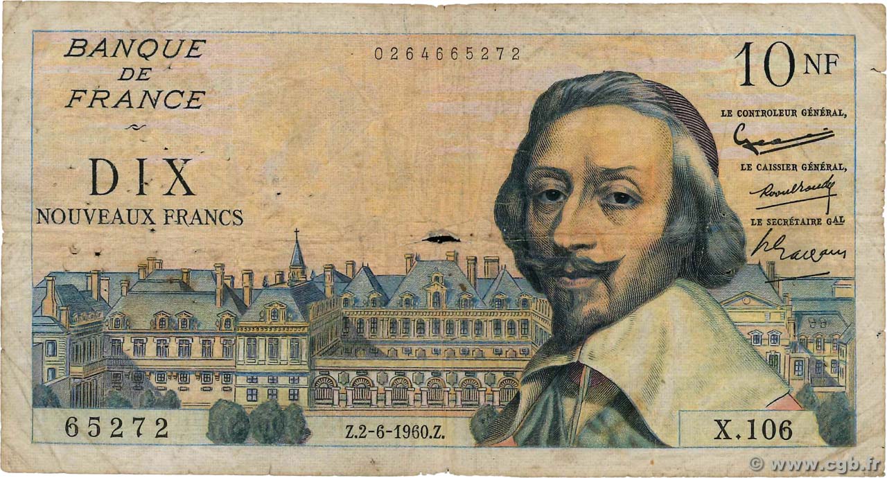 10 Nouveaux Francs RICHELIEU FRANCIA  1960 F.57.08 q.B