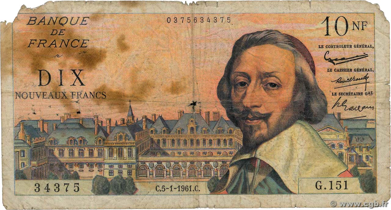10 Nouveaux Francs RICHELIEU FRANCIA  1961 F.57.13 q.B
