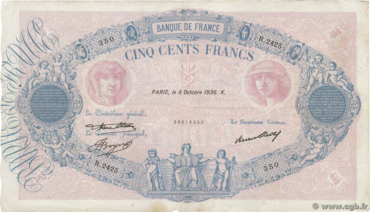 500 Francs BLEU ET ROSE FRANCE  1936 F.30.37 VF-