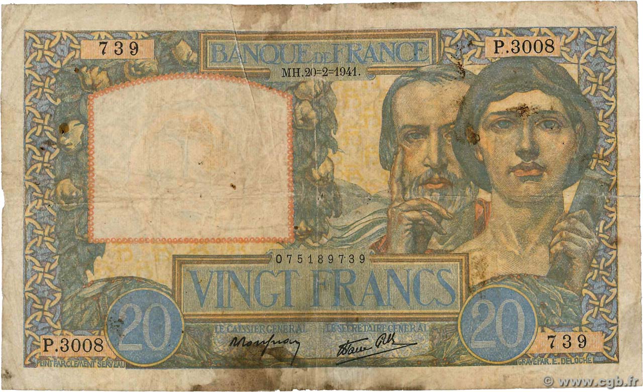 20 Francs TRAVAIL ET SCIENCE FRANCE  1941 F.12.12 B