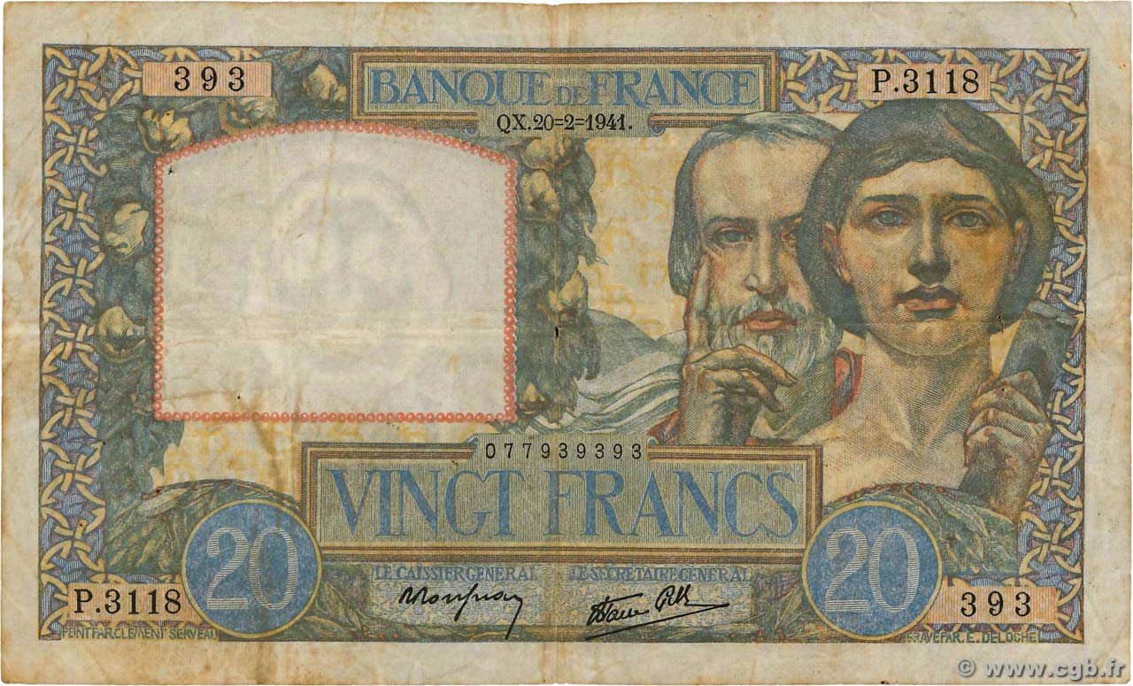 20 Francs TRAVAIL ET SCIENCE FRANCE  1941 F.12.12 TB