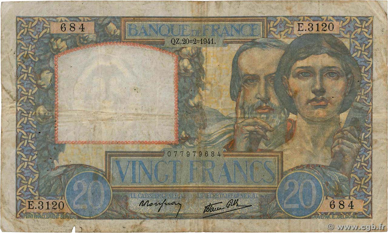 20 Francs TRAVAIL ET SCIENCE FRANCE  1941 F.12.12 F-