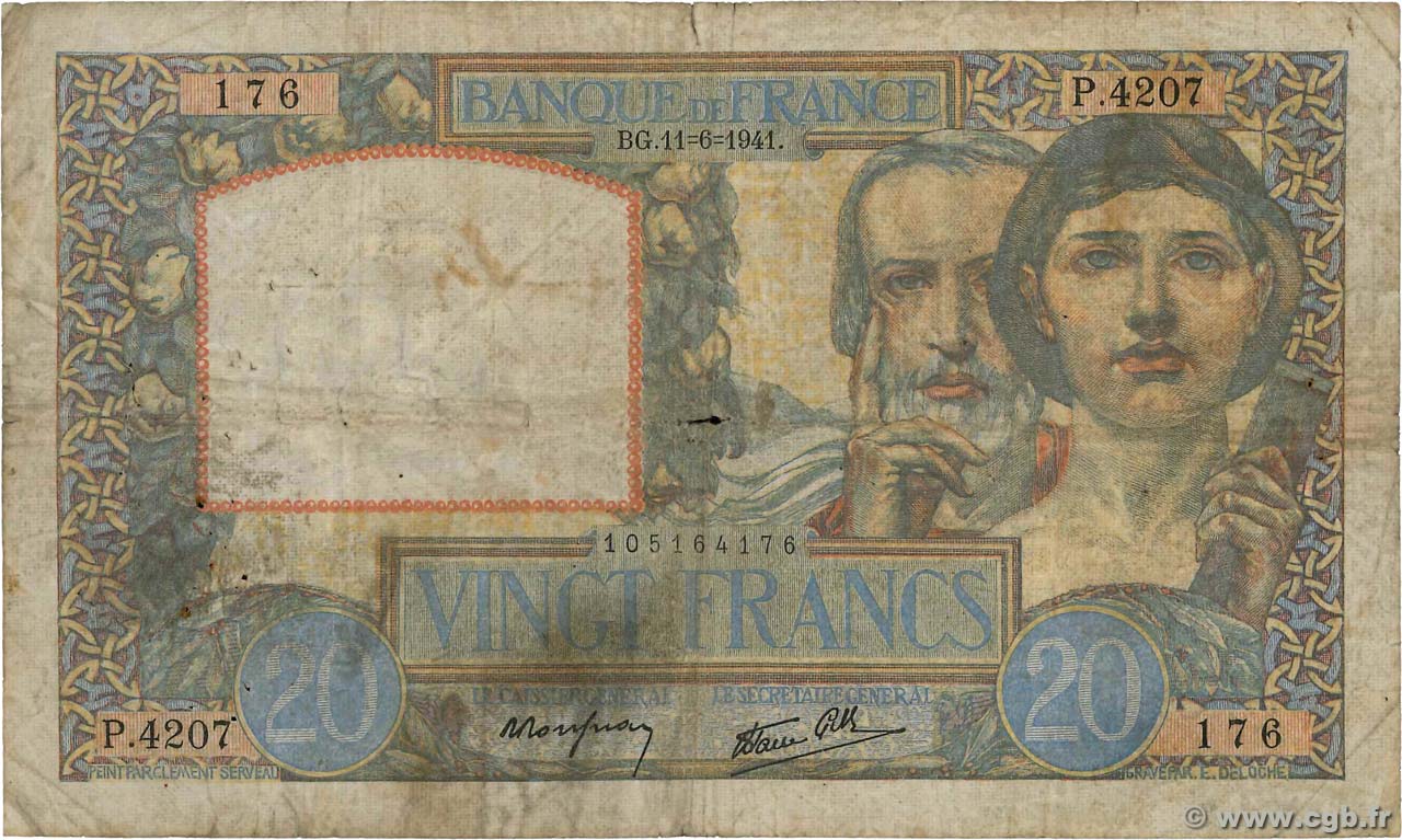 20 Francs TRAVAIL ET SCIENCE FRANCE  1941 F.12.15 B