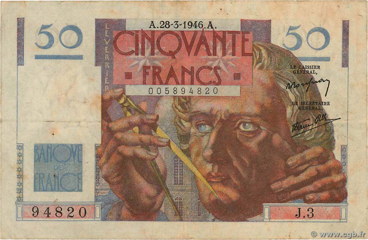 50 Francs LE VERRIER FRANCIA  1946 F.20.02 MB