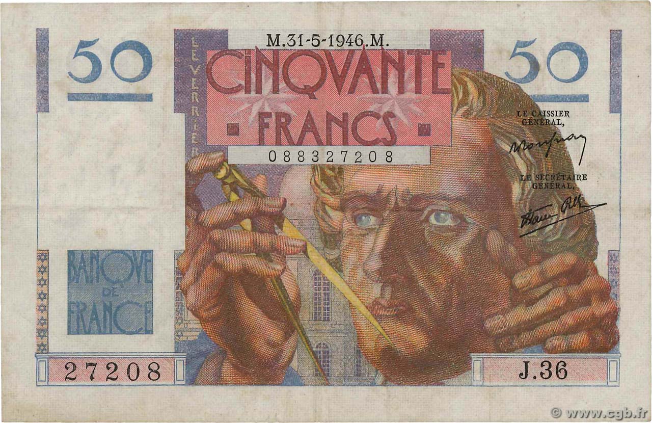 50 Francs LE VERRIER FRANCE  1946 F.20.05 VF-
