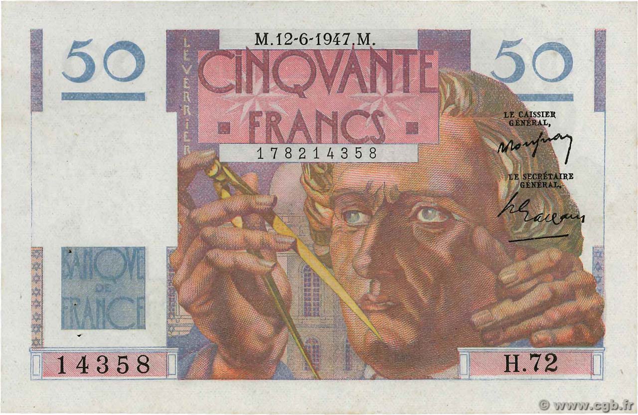 50 Francs LE VERRIER FRANCIA  1947 F.20.08 q.AU