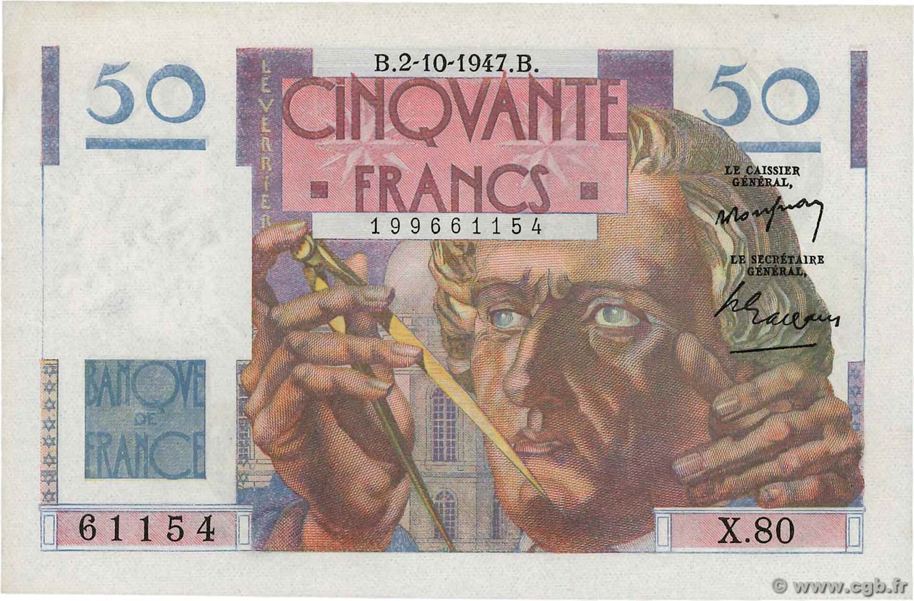 50 Francs LE VERRIER FRANCIA  1947 F.20.09 q.AU