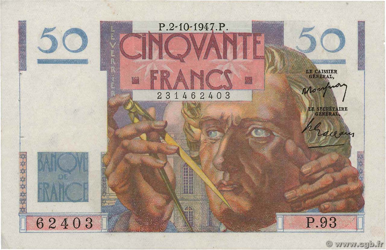 50 Francs LE VERRIER FRANCE  1947 F.20.09 VF