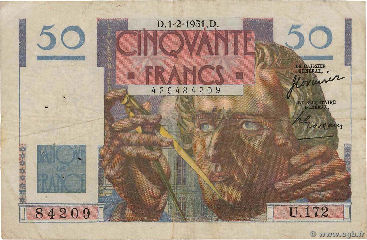 50 Francs LE VERRIER FRANKREICH  1951 F.20.17 S
