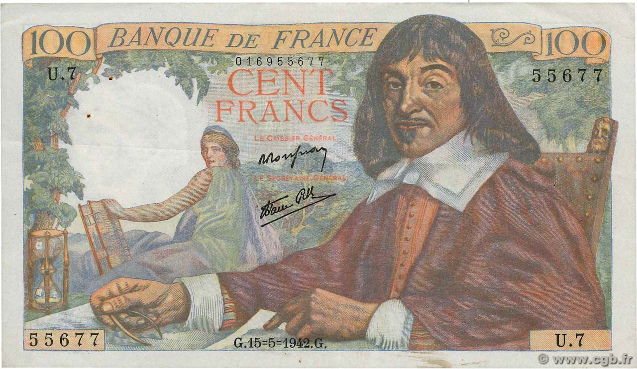 100 Francs DESCARTES FRANCE  1942 F.27.01 VF+