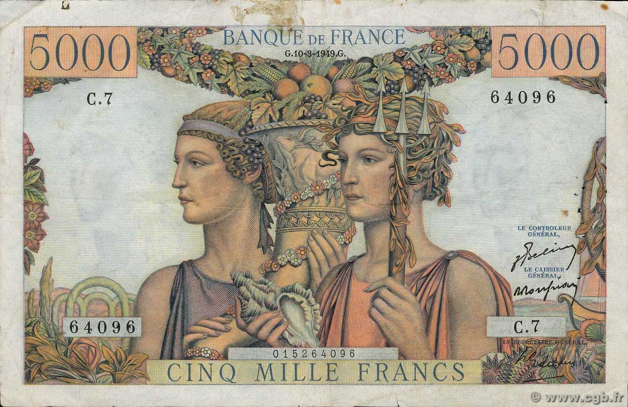 5000 Francs TERRE ET MER FRANCE  1949 F.48.01 VF-