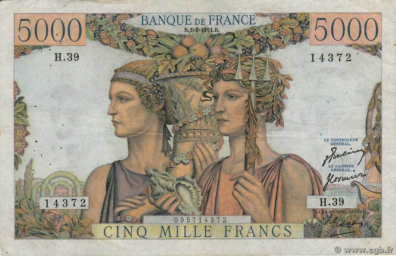 5000 Francs TERRE ET MER FRANCIA  1951 F.48.03 BC+