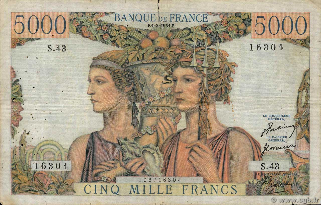 5000 Francs TERRE ET MER FRANCIA  1951 F.48.03 q.MB