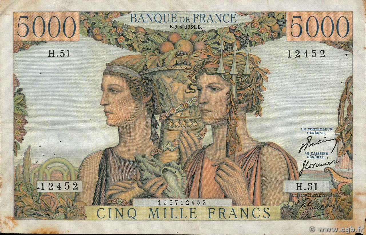 5000 Francs TERRE ET MER FRANCE  1951 F.48.04 F+