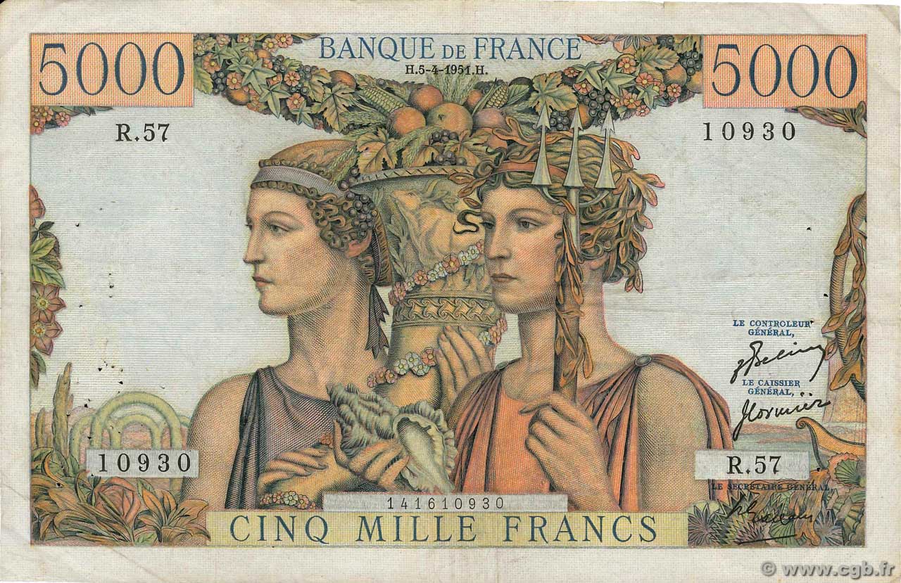 5000 Francs TERRE ET MER FRANCE  1951 F.48.04 F+