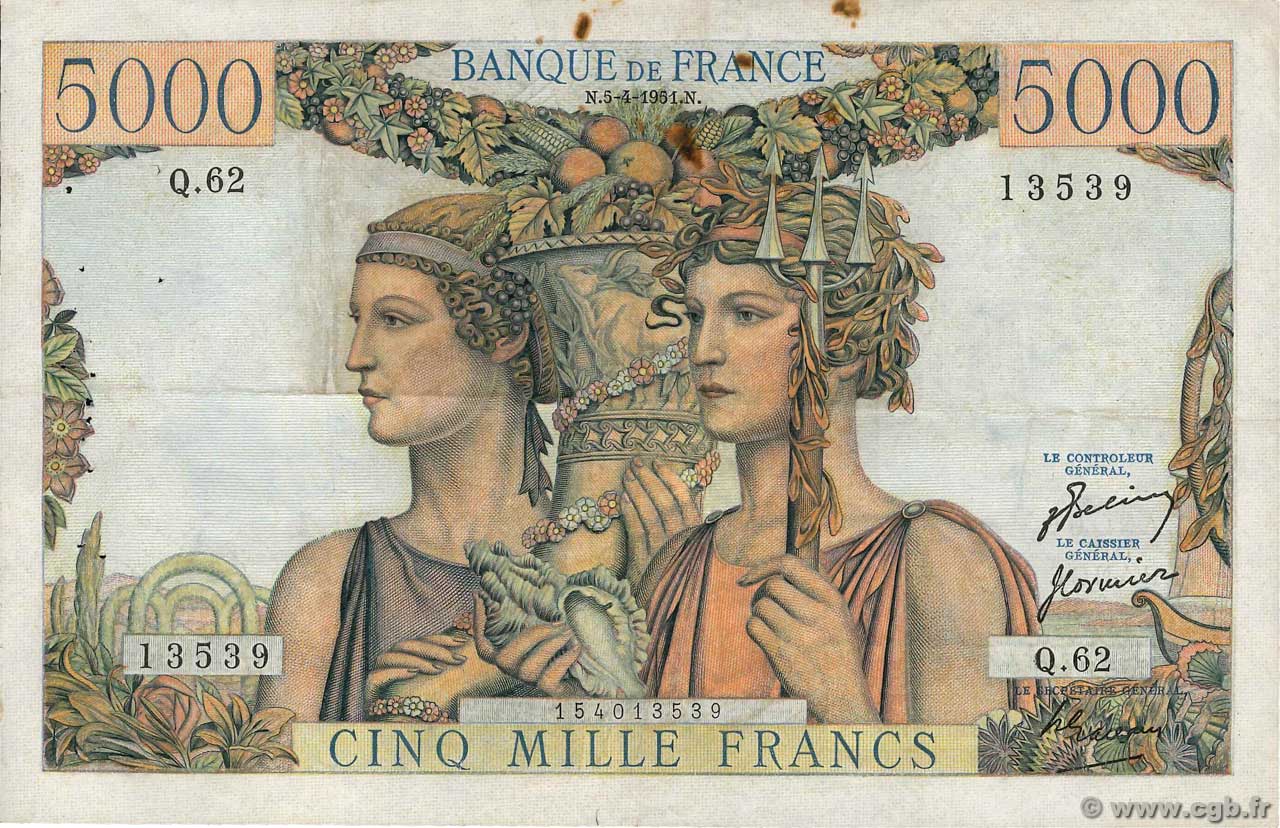5000 Francs TERRE ET MER FRANCE  1951 F.48.04 VF-
