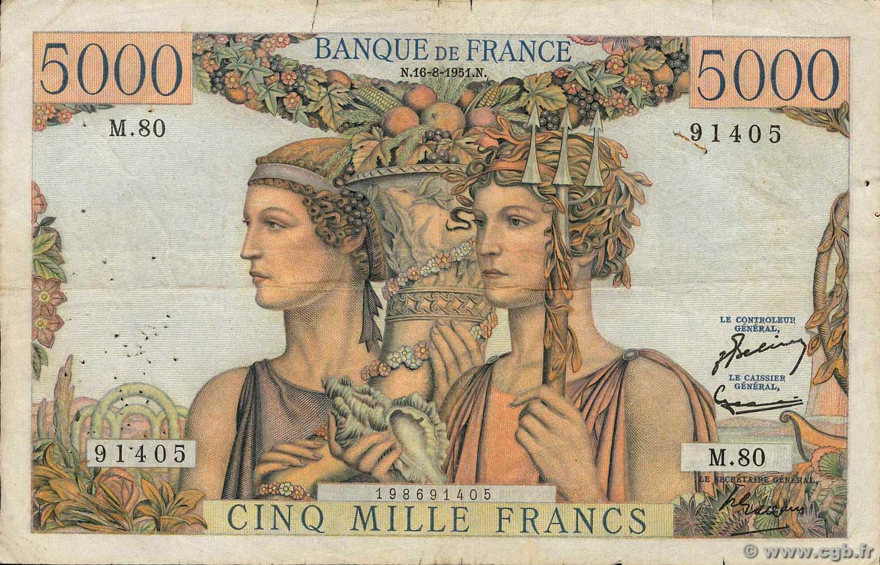 5000 Francs TERRE ET MER FRANCIA  1951 F.48.05 q.MB