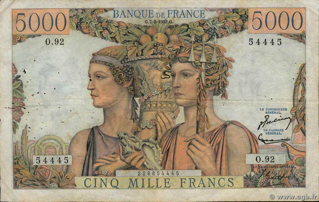 5000 Francs TERRE ET MER Numéro radar FRANCIA  1952 F.48.06 BC