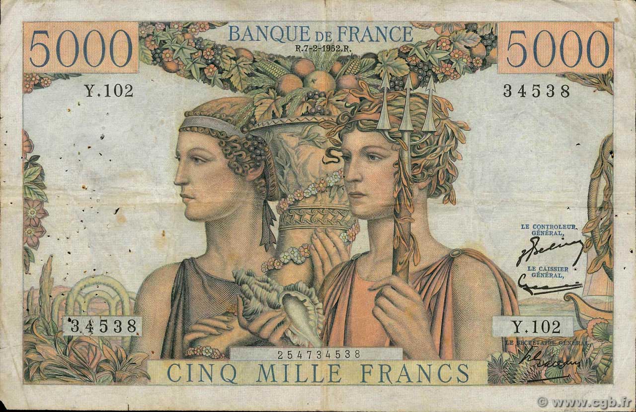 5000 Francs TERRE ET MER FRANCIA  1952 F.48.06 q.MB