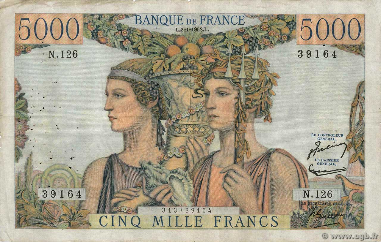 5000 Francs TERRE ET MER FRANKREICH  1953 F.48.08 fS