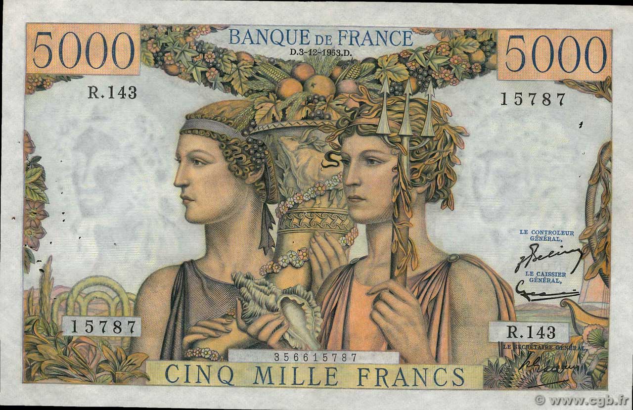5000 Francs TERRE ET MER FRANCE  1953 F.48.10 VF